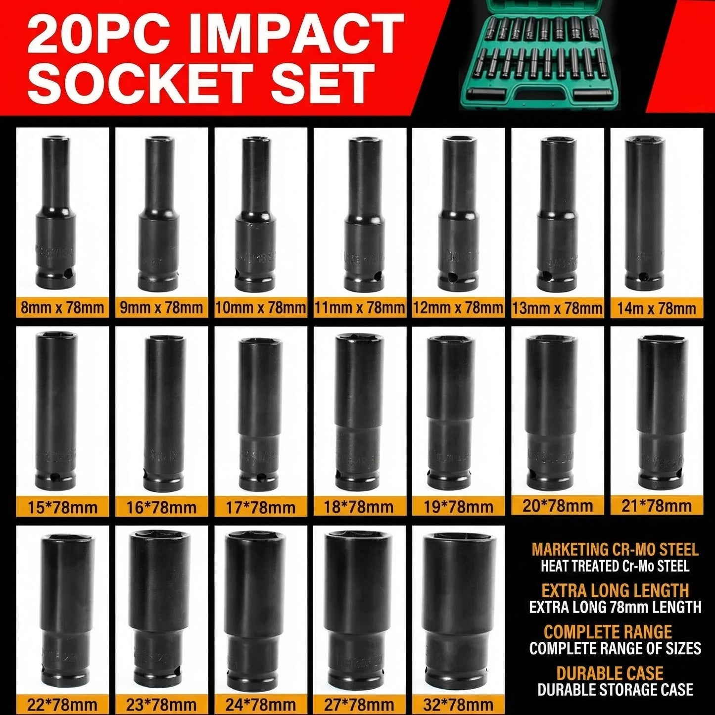 MHS 8–32mm Deep Impact Socket Set – 20 Piece (Green Case)