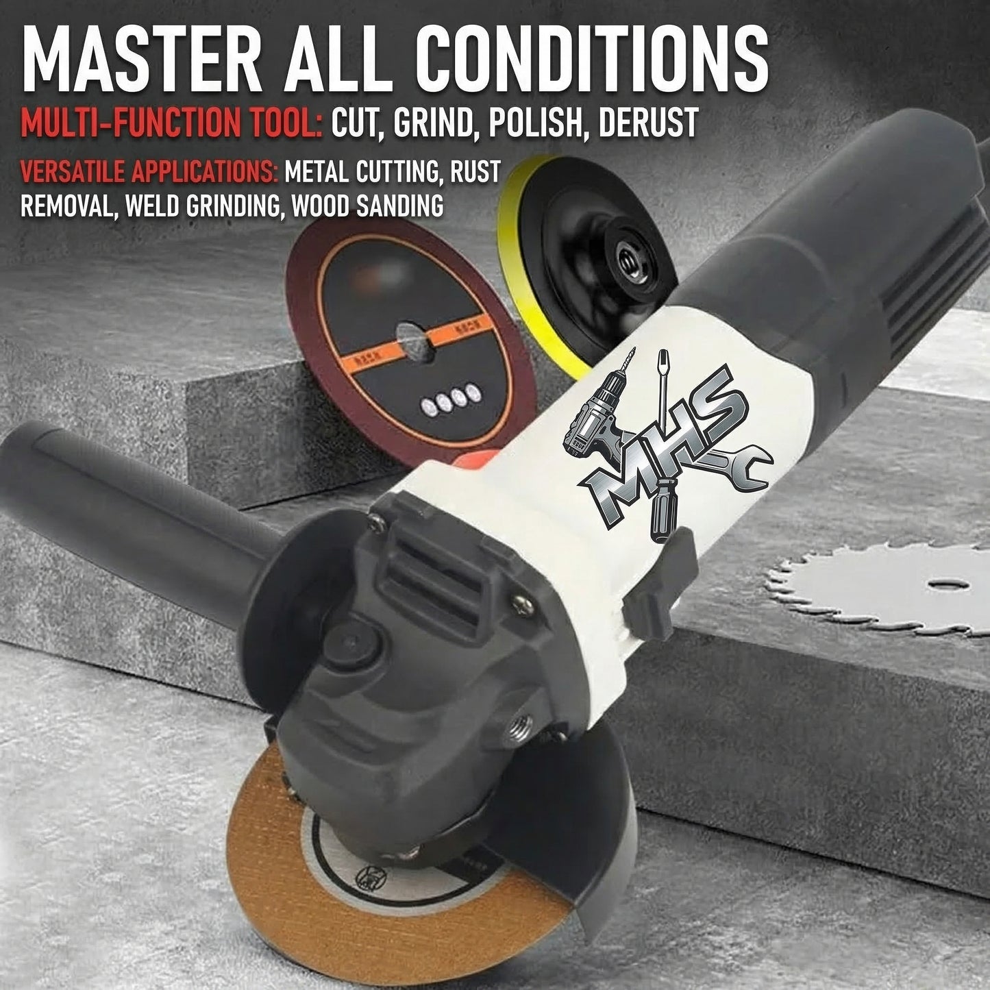 MHS Heavy-Duty Corded Angle Grinder with 5 Cutting Discs