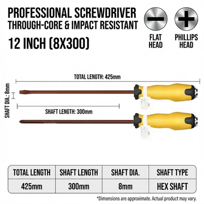 MHS 12-Inch Heavy-Duty S2 Steel Screwdriver Set – 2-Piece
