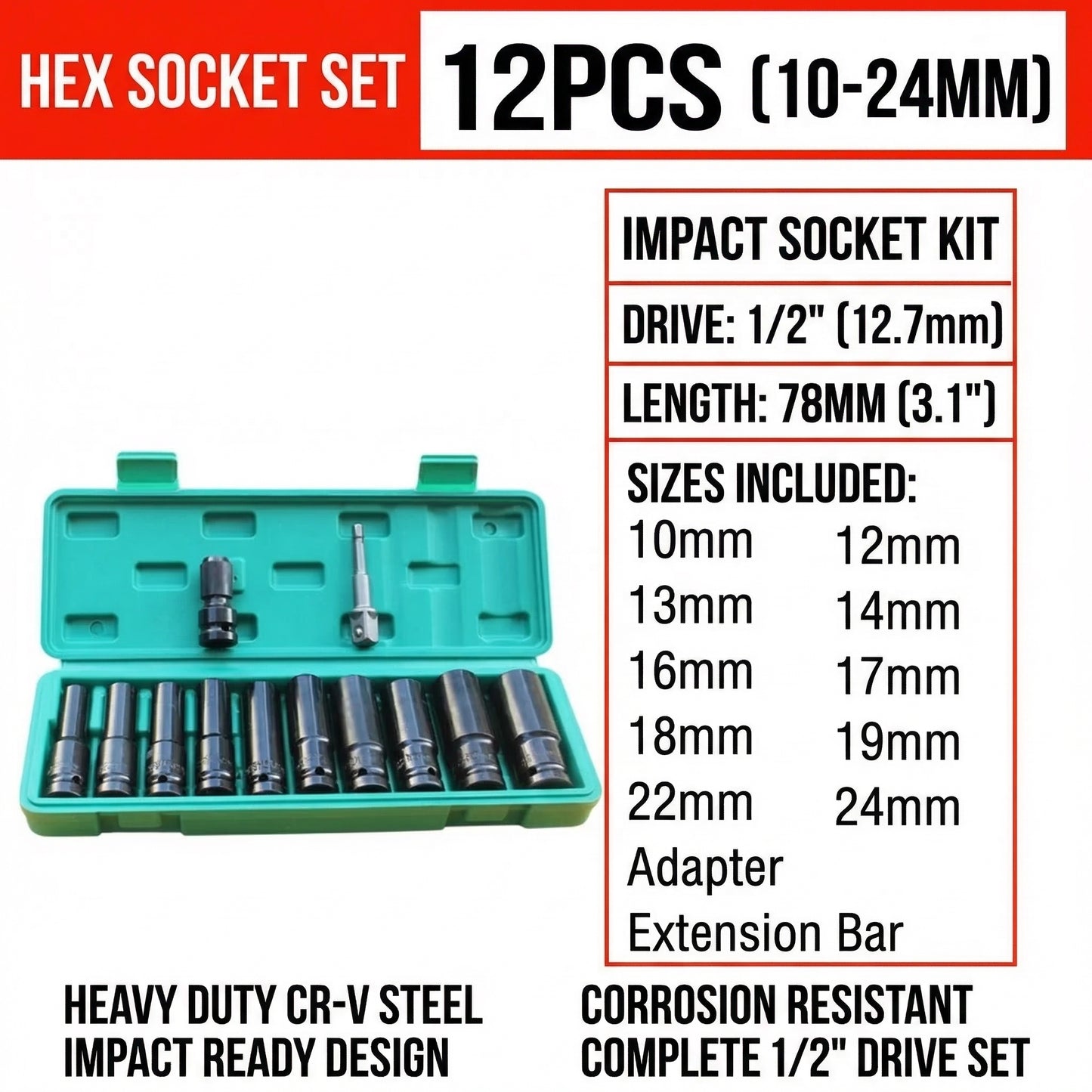 MHS 10–24mm Deep Impact Socket Set with Adapter – 12 Piece