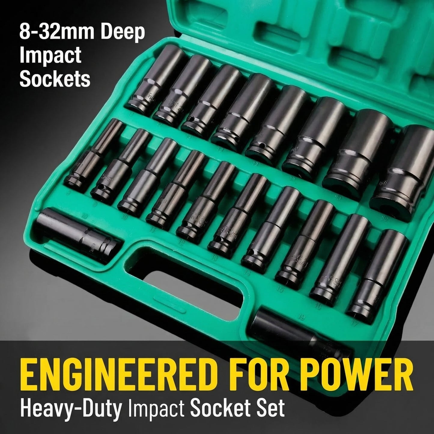 MHS 8–32mm Deep Impact Socket Set – 20 Piece (Green Case)