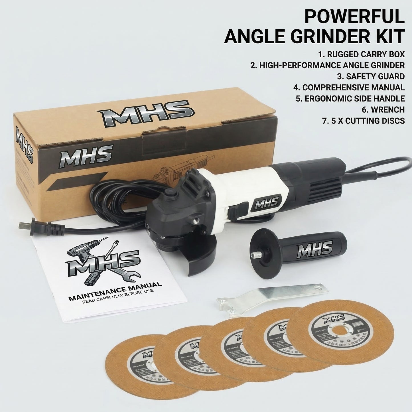 MHS Heavy-Duty Corded Angle Grinder with 5 Cutting Discs