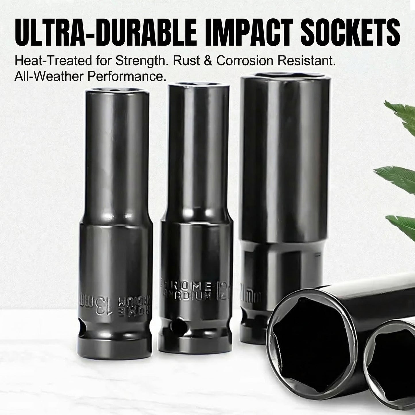 Heavy-duty deep impact sockets designed for automotive repair and high-torque applications.